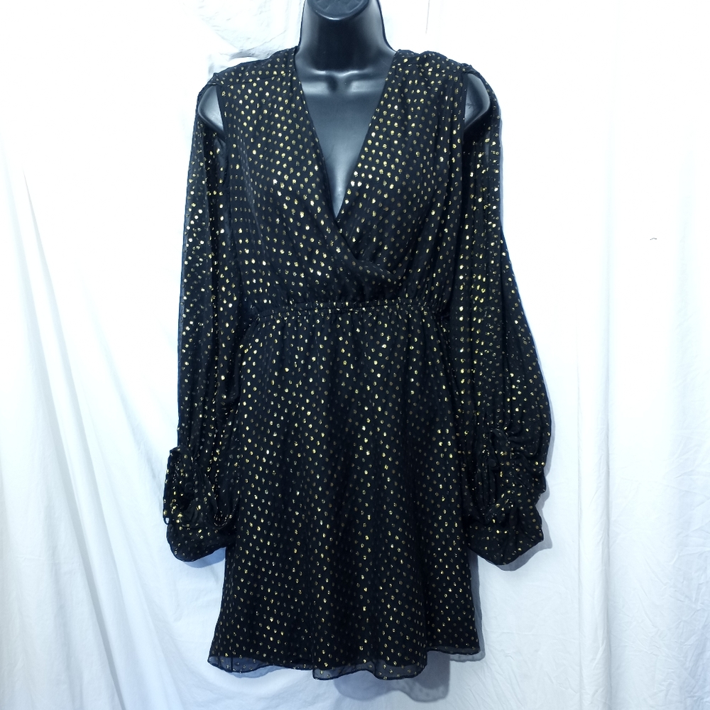 Erin Fetherston Blk Gold Dot Slit Sleeve Dress - Picture 2 of 6